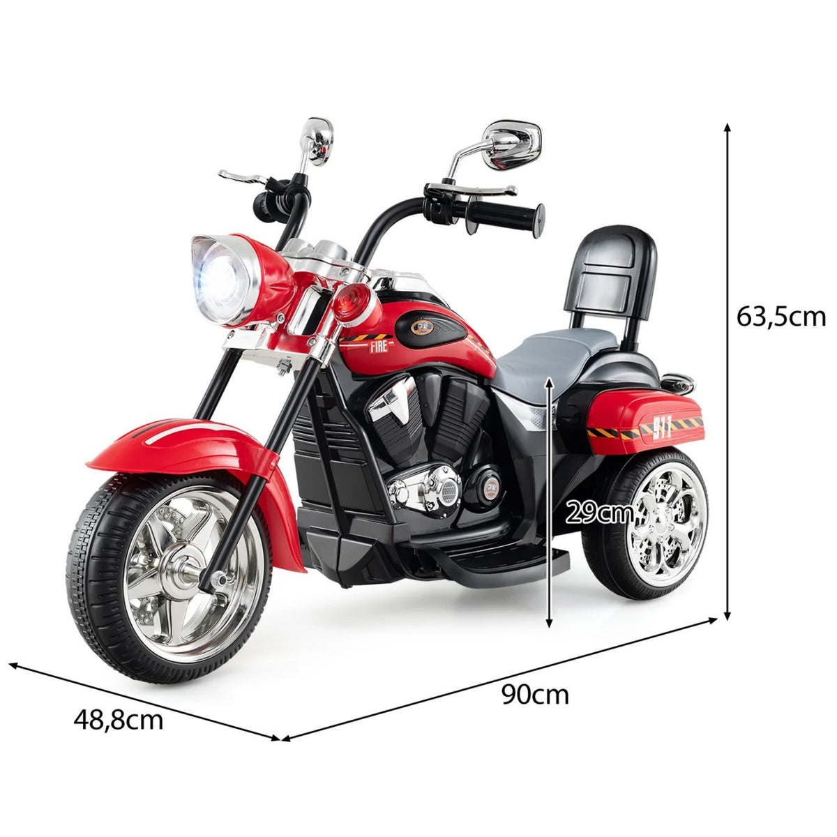 Raudono elektrinio triračio motociklo matmenų schema
