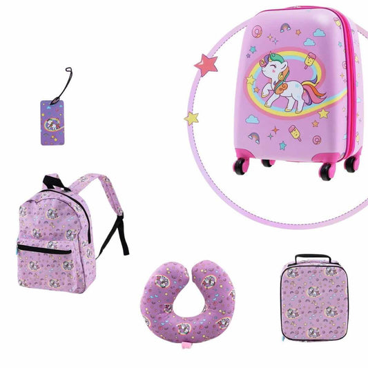 Vaikiškas Lagaminas Su Ratukais, Kelioninė Pagalvėlė, Kuprinė 5 Dalių Rinkinys "Vienaragiai" Kuprinės