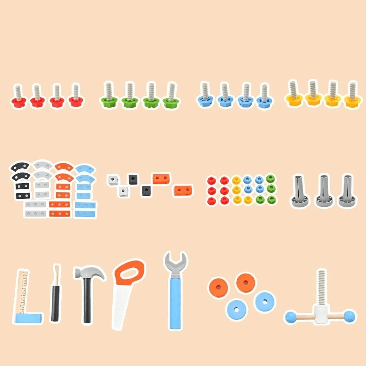 Vaikiškas Medinis Įrankių Staliukas Su 6 Įrankiais Ir Piešimo Lenta Meistro Įrankių stalai