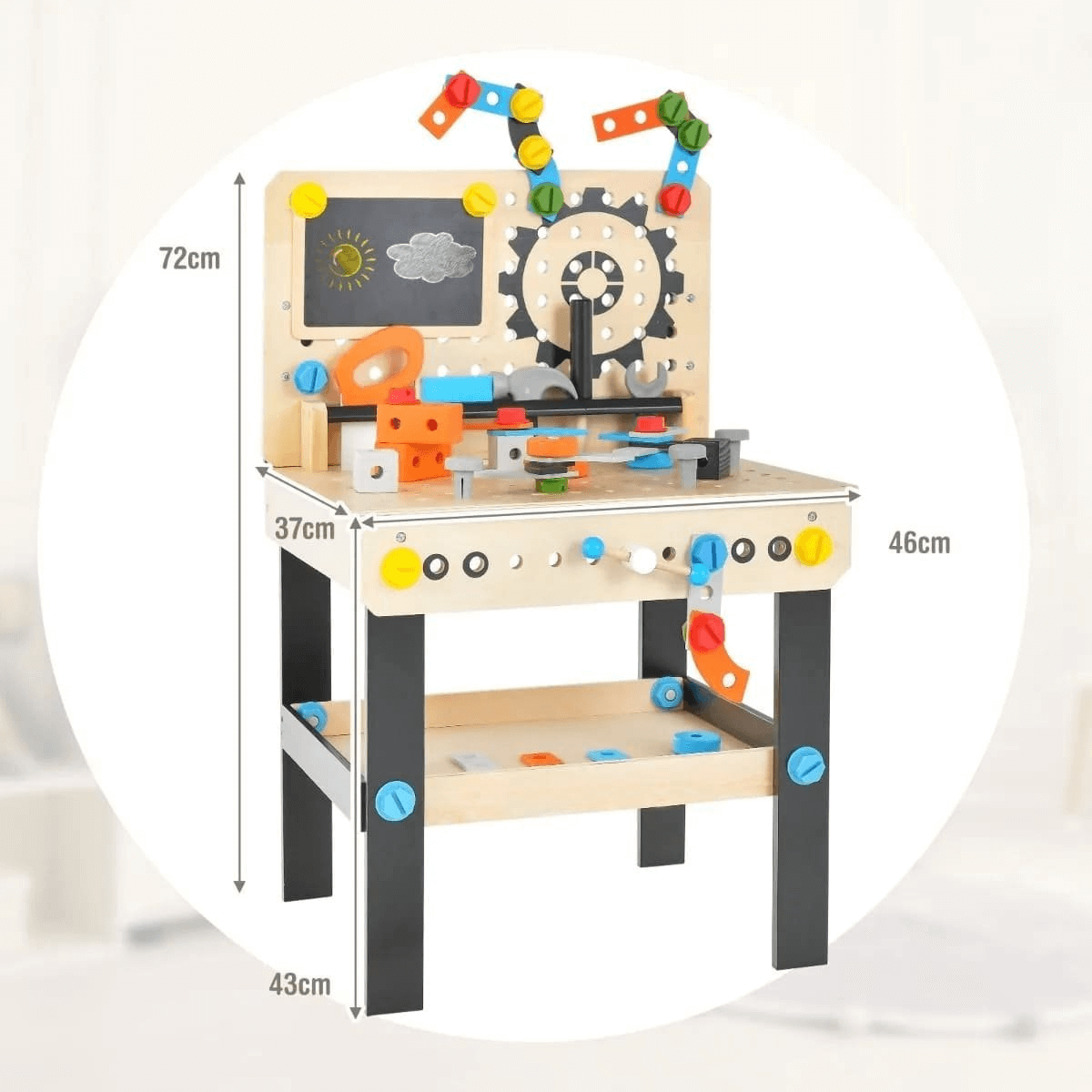 Vaikiškas Medinis Įrankių Staliukas Su 6 Įrankiais Ir Piešimo Lenta Meistro Įrankių stalai