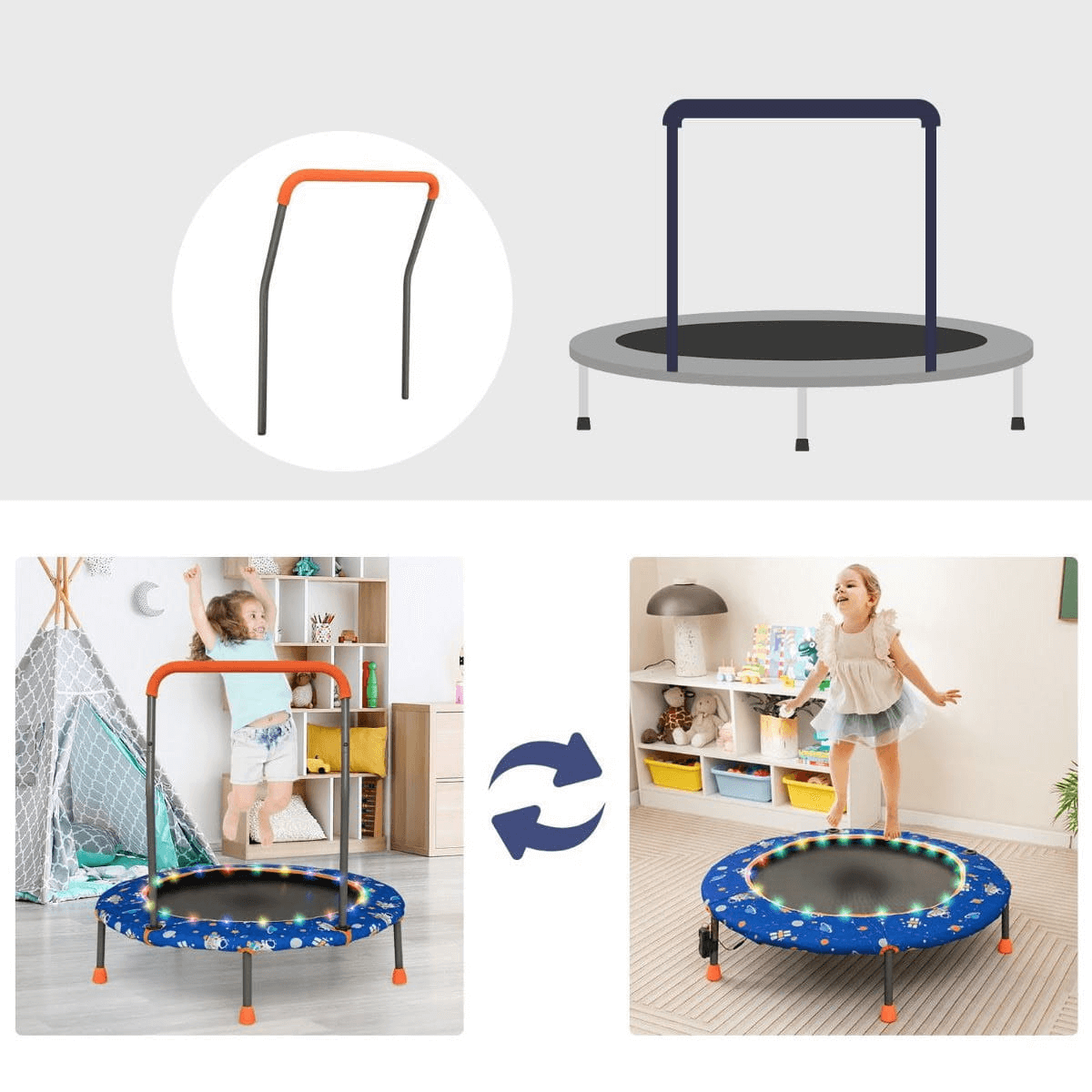 Vaikiškas Mini Batutas Su LED Lemputėmis Ir Rankena 92 cm, Mėlynas Batutai