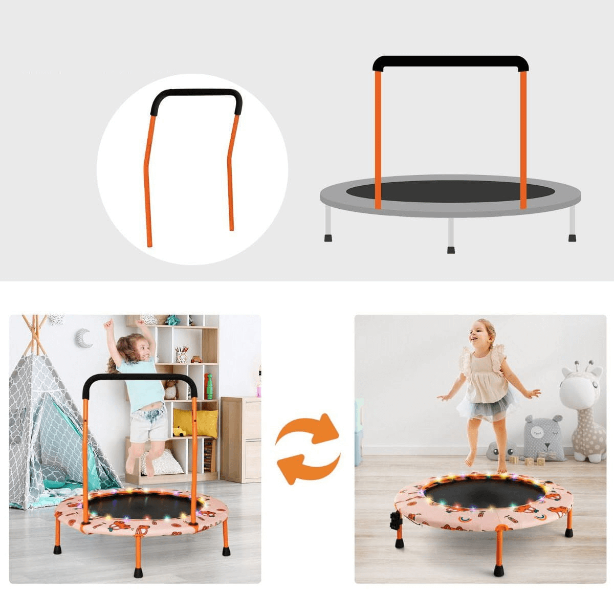 Vaikiškas Mini Batutas Su LED Lemputėmis Ir Rankena 92 cm,  Oranžinė Batutai
