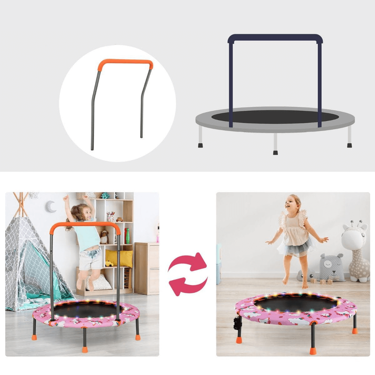 Vaikiškas Mini Batutas Su LED Lemputėmis Ir Rankena 92 cm, Rožinis Batutai