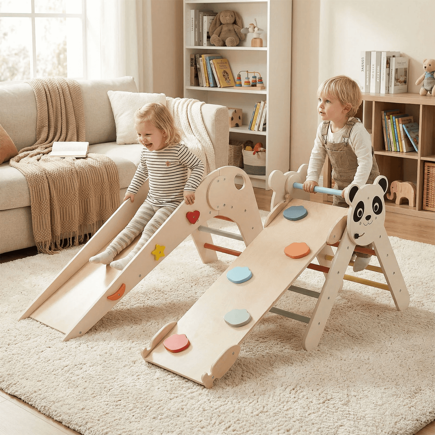 Vaikiškas Montessori Medinė Laipynė 3in1 Panda Sūpynės ir Žaidimų Aikštelės