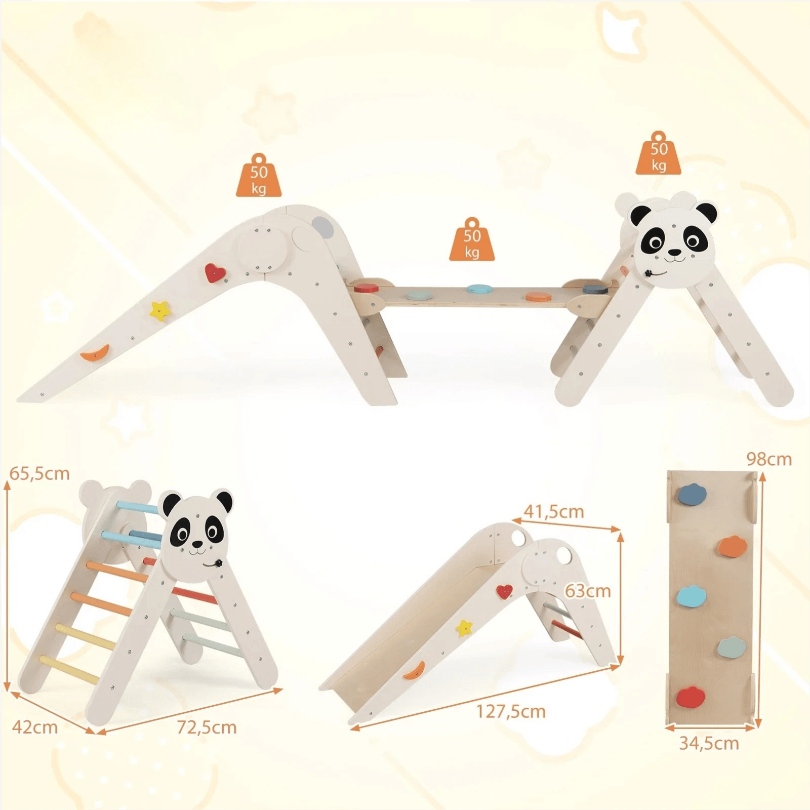 Vaikiškas Montessori Medinė Laipynė 3in1 Panda Sūpynės ir Žaidimų Aikštelės