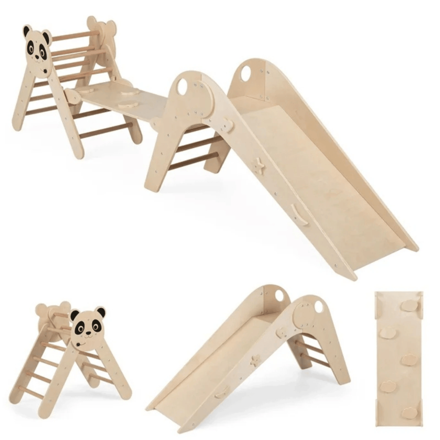 Vaikiškas Montessori Medinė Laipynė 3in1 Panda, Natūrali Sūpynės ir Žaidimų Aikštelės