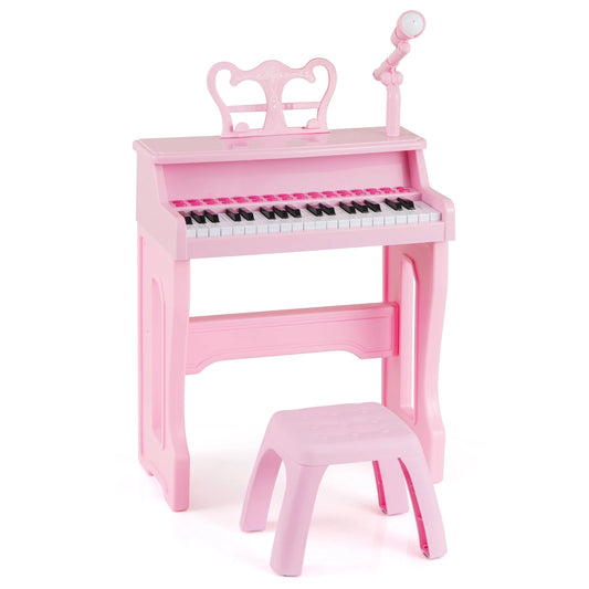 Rožinis 37 klavišų pianinas su mikrofonu ir kėdute