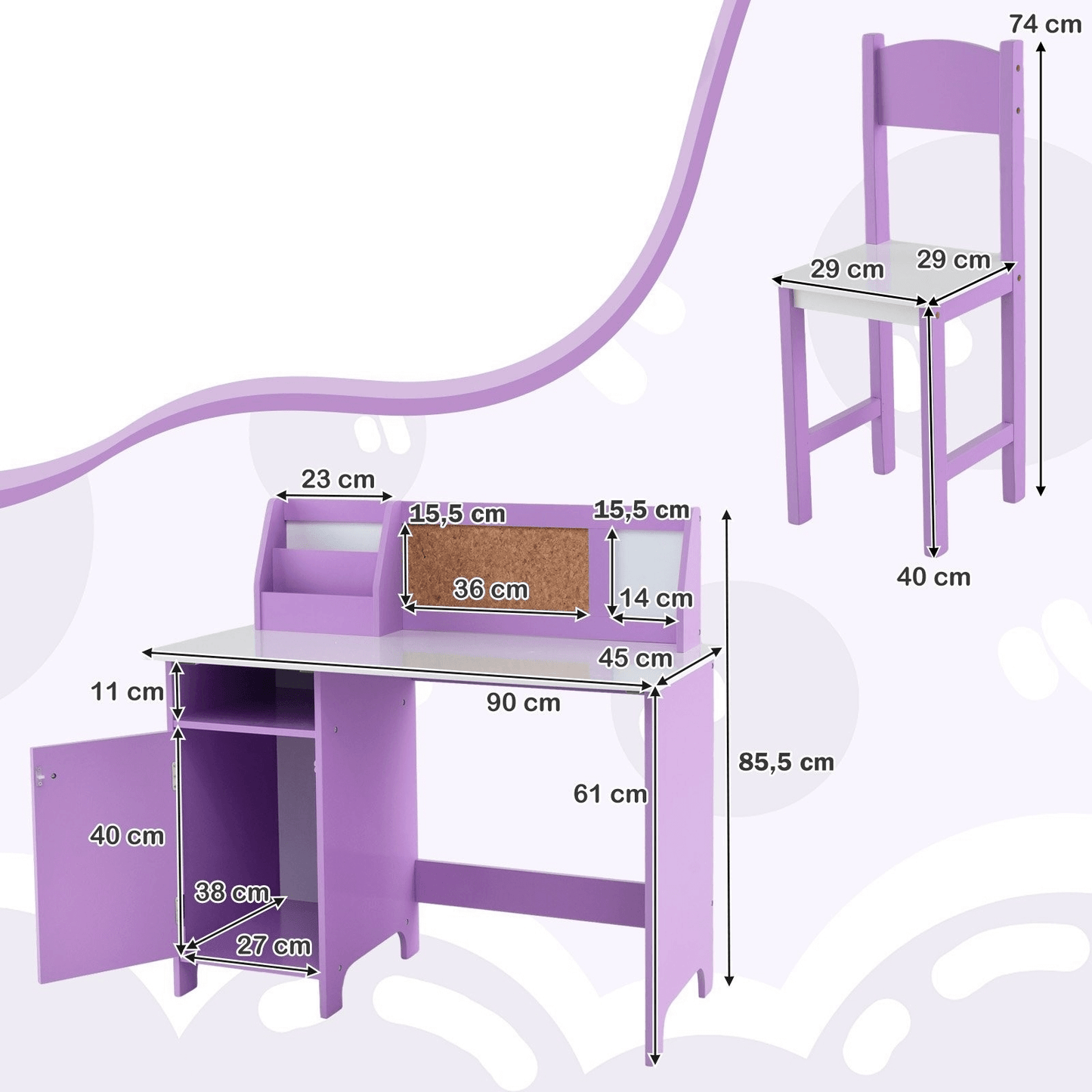 Vaikiškas Rašomasis Stalas Su Kėde, Kamštine Ir Magnetine Lentomis, Violetinis Rašomasis Stalas