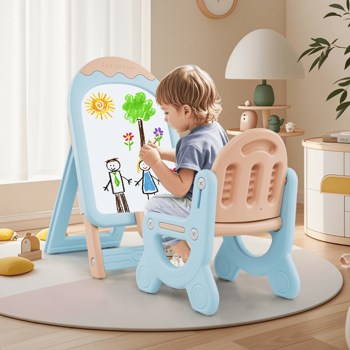 Vaikiškas Reguliuojamas Molbertas Su Kėdute, Magnetinė Lenta (1+) Piešimo Lentos Mėlyna