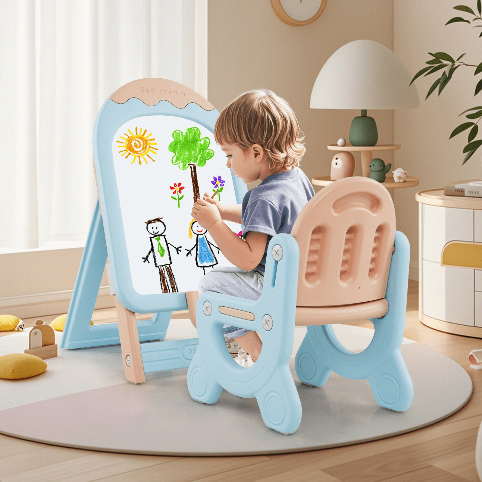 Vaikiškas Reguliuojamas Molbertas Su Kėdute, Magnetinė Lenta (1+) Piešimo Lentos Mėlyna