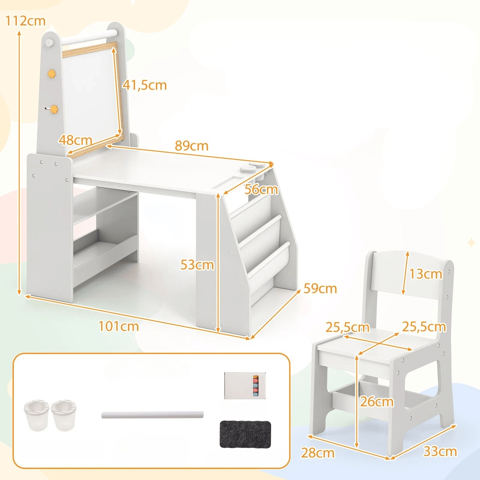 Vaikiškas Stalas su 3in1 Molbertu Magnetine ir Kreidine Lenta, Kėdute Ir Lentynomis Staliukai Kėdutės
