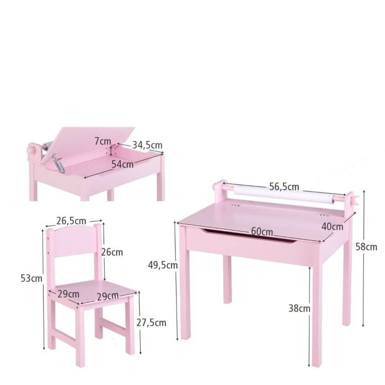 Vaikiškas Stalas Su Kėde Ir Piešimo Popieriaus Ritinėliu, Rožinis Staliukai Kėdutės