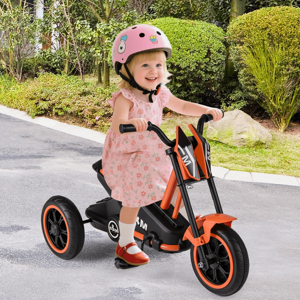Vaikiškas Triratis Dviratis Stabilus su Vairo Ribotuvu Oranžinis 3+ Elektriniai Motociklai