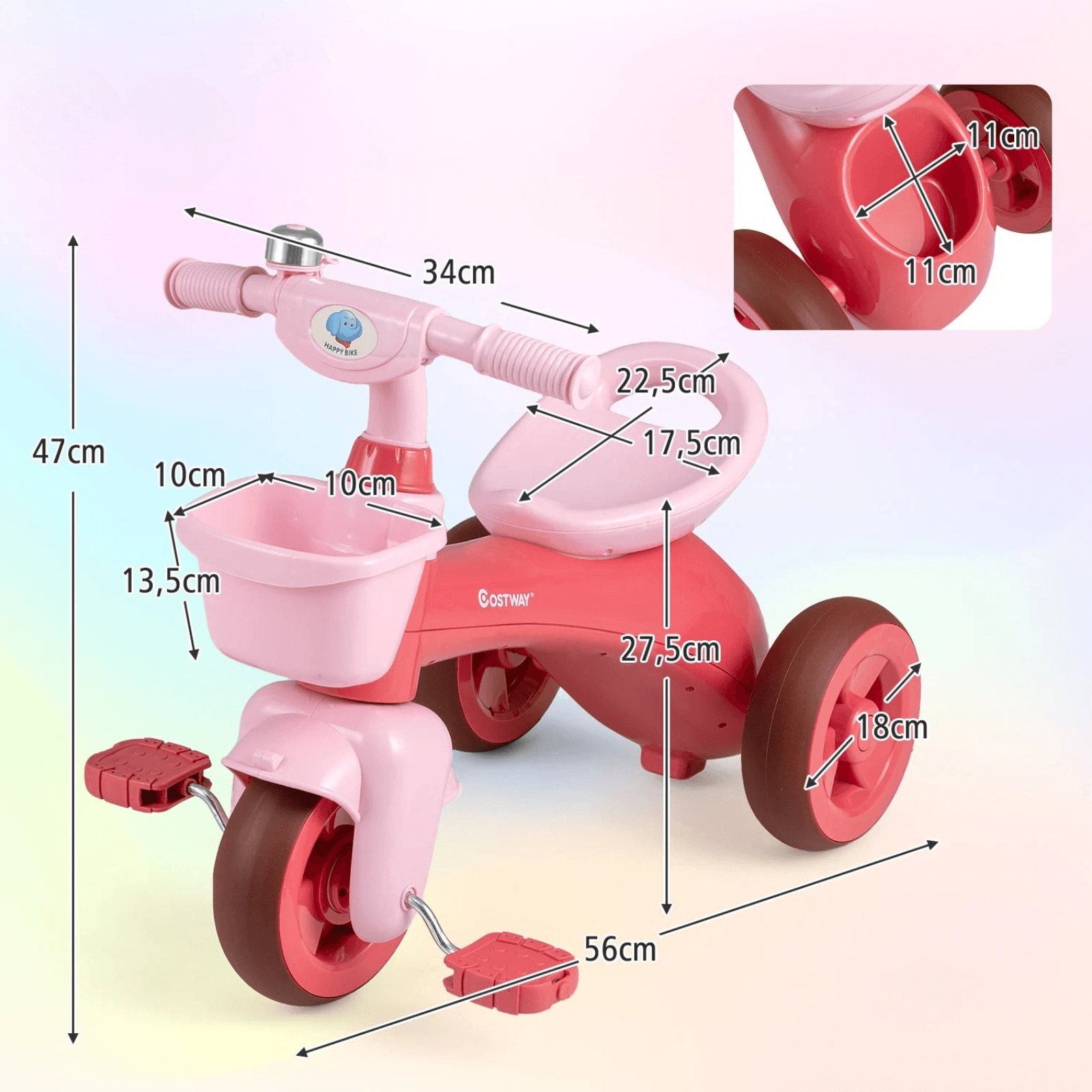 Vaikiškas Triratukas su Krepšeliu Stabilus su Ribotu Vairo Kampu Rožinis Triratukai