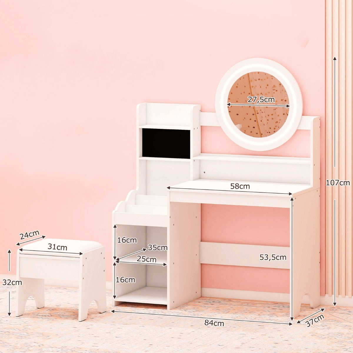 Vaikiškas Tualetinis Kosmetinis Staliukas su LED Apšvietimu ir Lentynomis, Baltas Kosmetinis Staliukas
