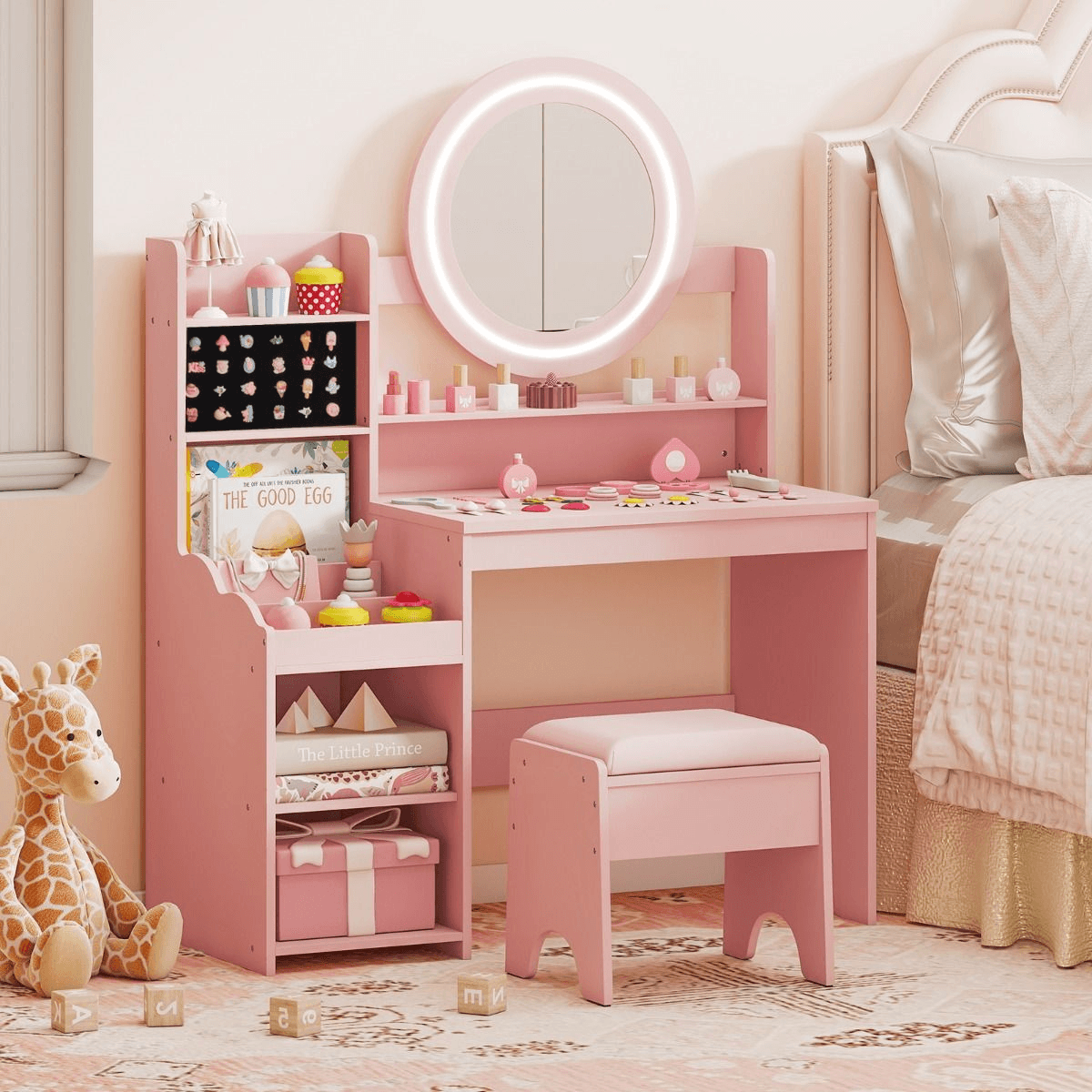 Vaikiškas Tualetinis Kosmetinis Staliukas su LED Apšvietimu ir Lentynomis, Rožinis Kosmetinis Staliukas