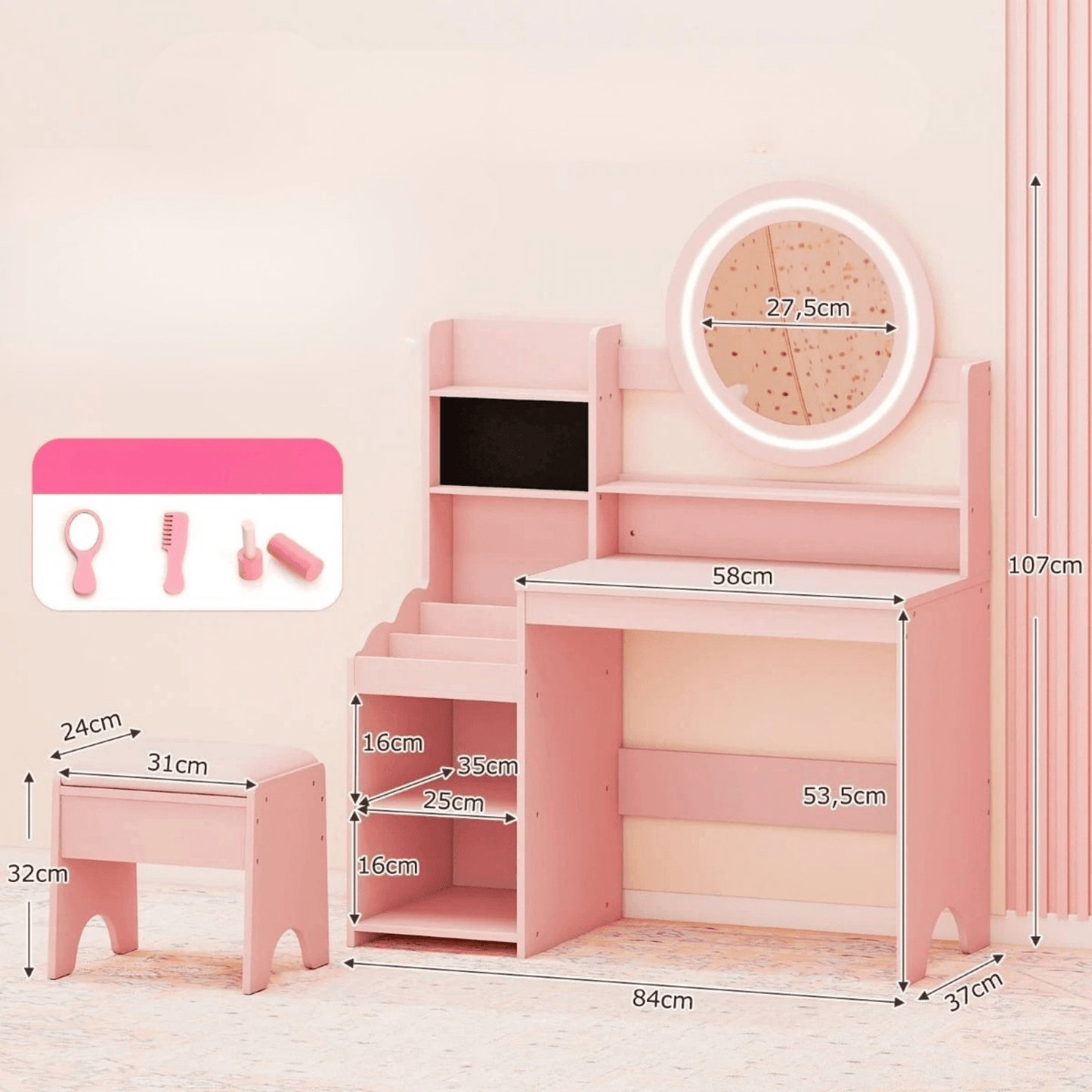 Vaikiškas Tualetinis Kosmetinis Staliukas su LED Apšvietimu ir Lentynomis, Rožinis Kosmetinis Staliukas