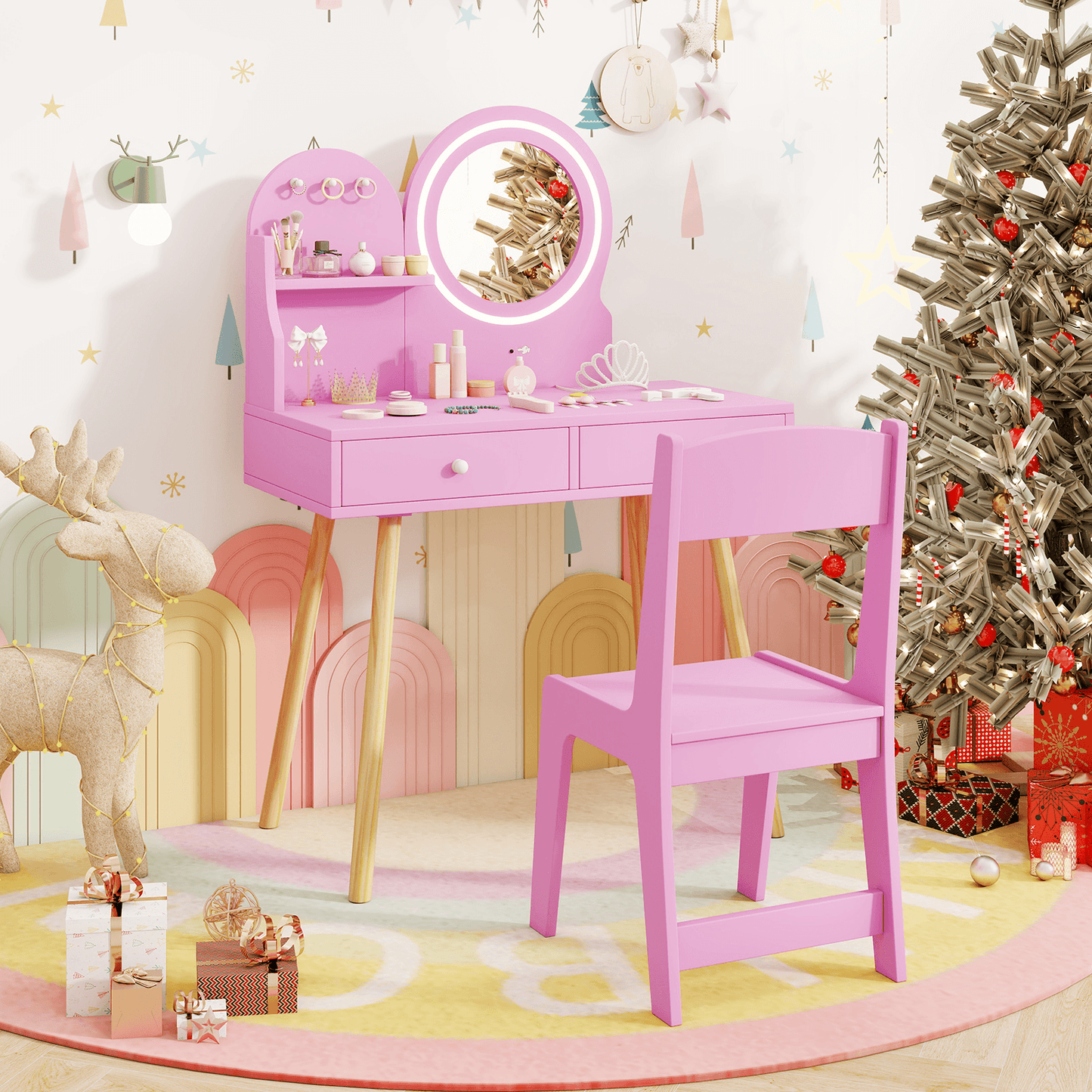 Vaikiškas Tualetinis Staliukas su LED Veidrodžiu ir Kėdute Rožinis Kosmetinis Staliukas
