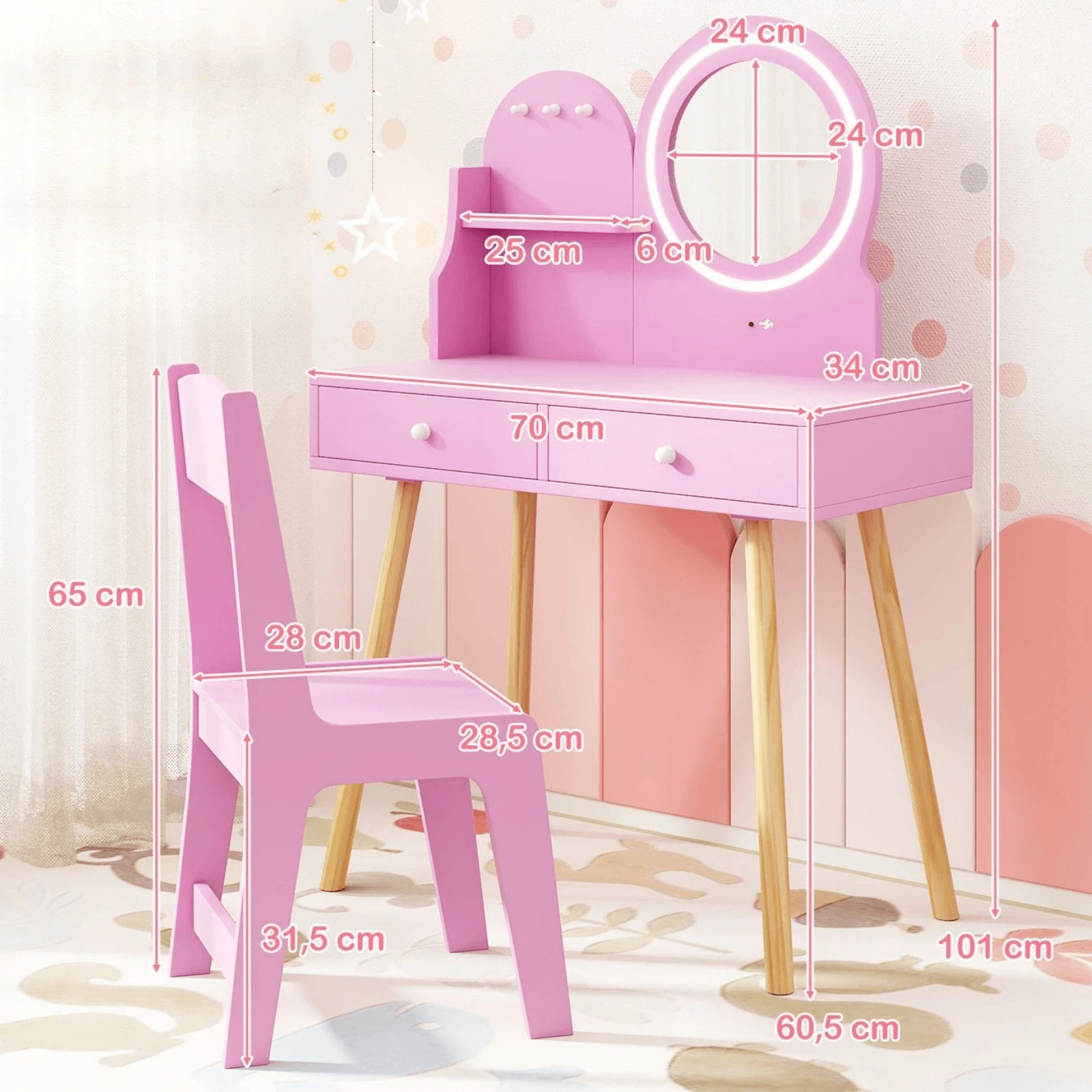 Vaikiškas Tualetinis Staliukas su LED Veidrodžiu ir Kėdute Rožinis Kosmetinis Staliukas