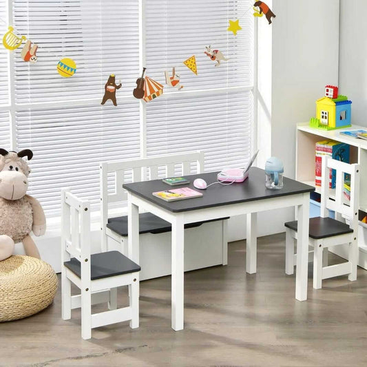 Vaikiškų Baldų Komplektas Stalas + 2 kėdės + Suolas Su Žaislų Dėže Staliukai Kėdutės