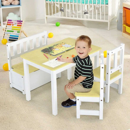 Vaikiškų Baldų Komplektas Stalas + 2 kėdės + Suolas Su Žaislų Dėže Spalva Natūrali Staliukai Kėdutės