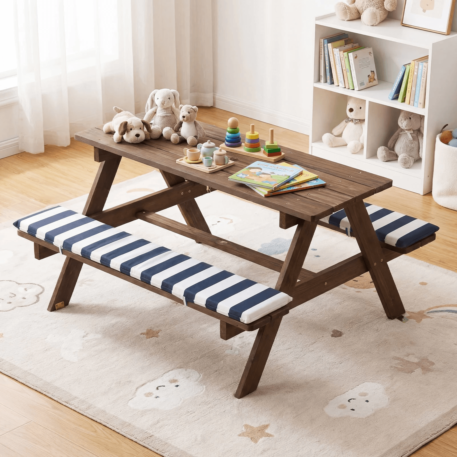 Vaikų Pikniko Stalas su Suolais ir Reguliuojamu Skėčiu 91×80×50 cm Lauko stalai