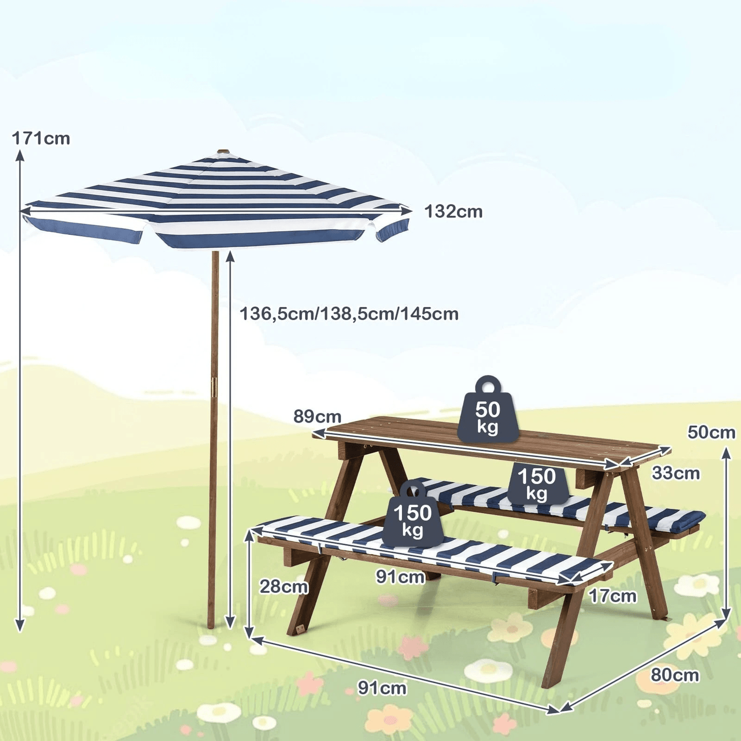 Vaikų Pikniko Stalas su Suolais ir Reguliuojamu Skėčiu 91×80×50 cm Lauko stalai