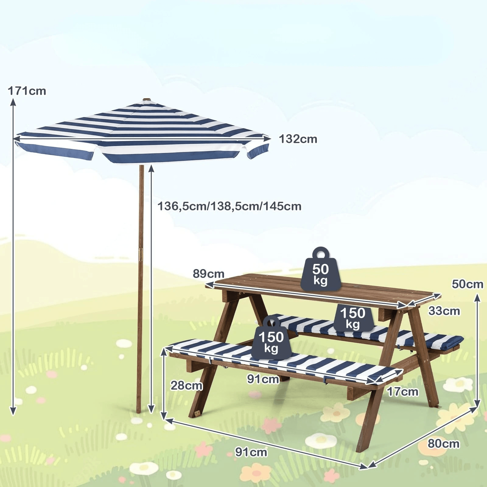 Vaikų Pikniko Stalas su Suolais ir Reguliuojamu Skėčiu 91×80×50 cm Lauko stalai