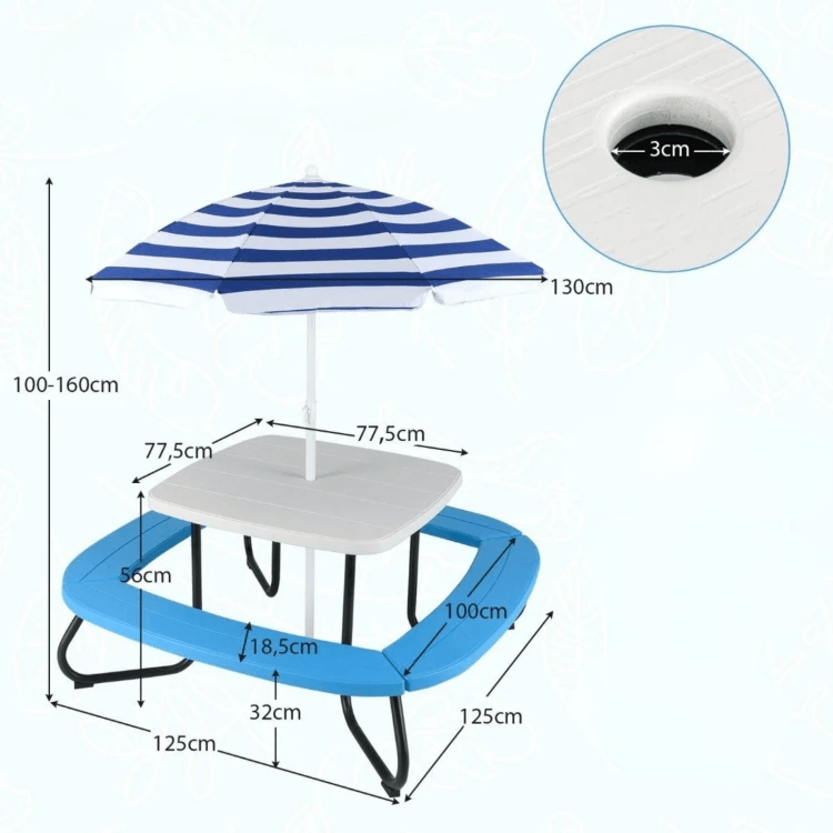 Vaikų Sodo Stalas su Suolais ir Skėčiu 8 Vaikams 125×125×100–160 cm Lauko stalai