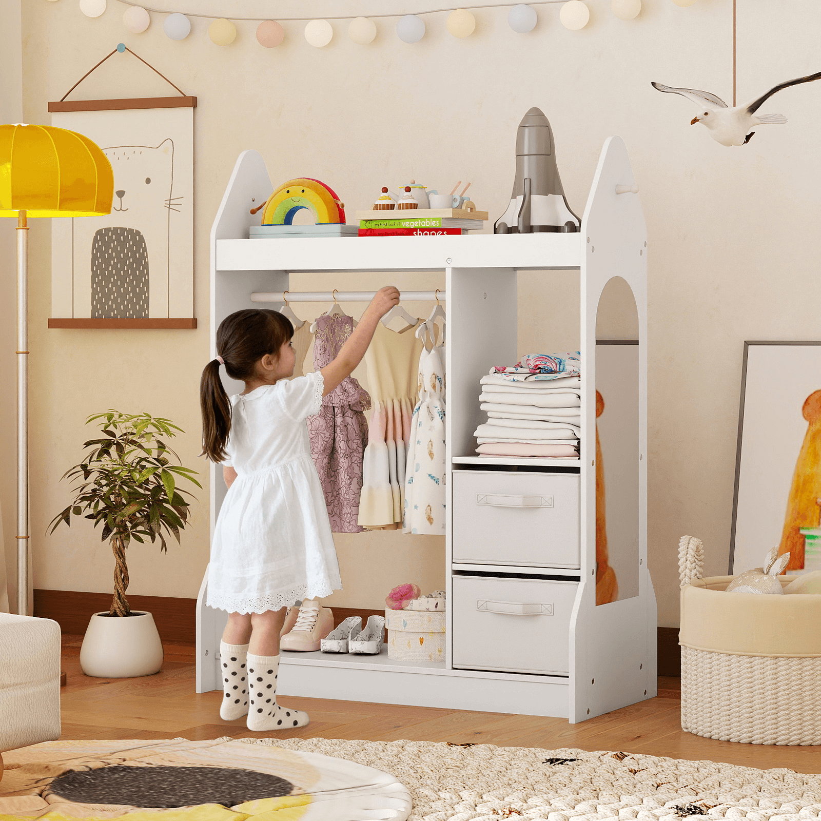 Vaikų Spinta Su Kabykla Ir Lentynomis Ir Stalčiais 81 x 38 x 107 cm Balta Žaislų Dėžės Ir Lentynos