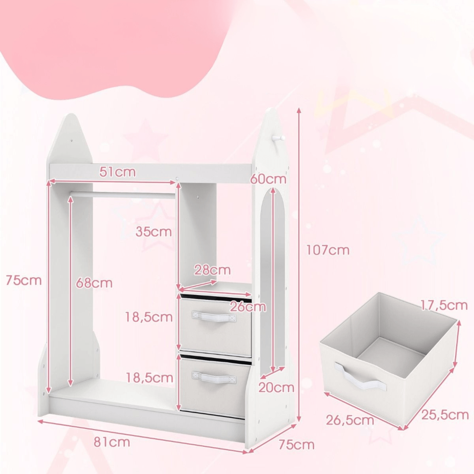 Vaikų Spinta Su Kabykla Ir Lentynomis Ir Stalčiais 81 x 38 x 107 cm Balta Žaislų Dėžės Ir Lentynos