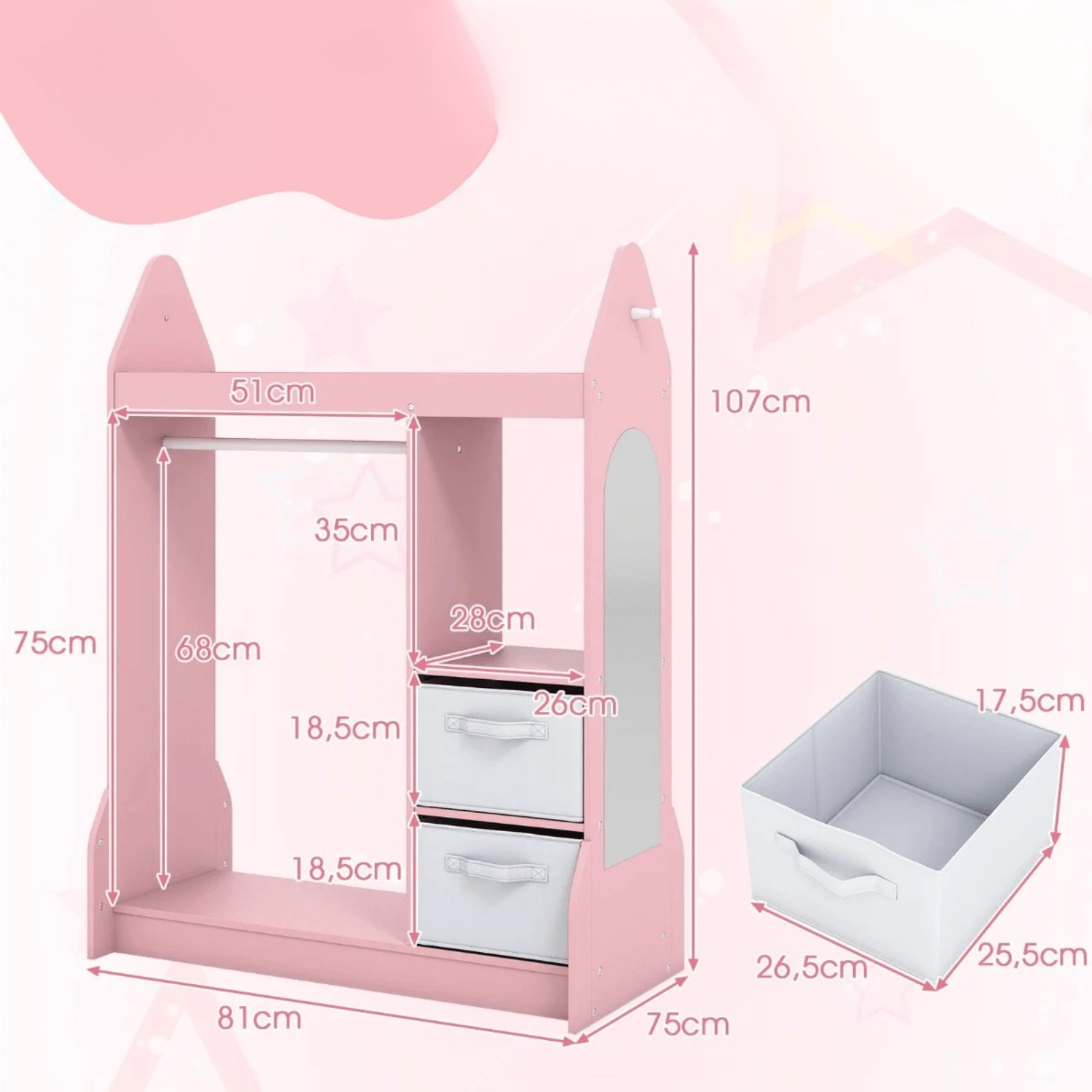 Vaikų Spinta Su Kabykla Ir Lentynomis Ir Stalčiais 81 x 38 x 107 cm, Rožinė Žaislų Dėžės Ir Lentynos
