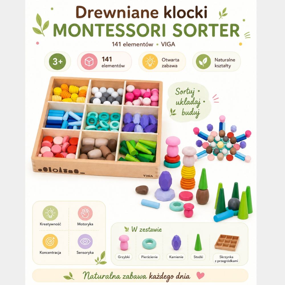 Viga Medinės Montessori Kaladėlės Ir Rūšiuoklė, 141 Dalis – nuotrauka 8