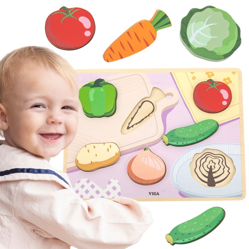 Viga Montessori medinė daržovių dėlionė 2in1 – vaizdas 1
