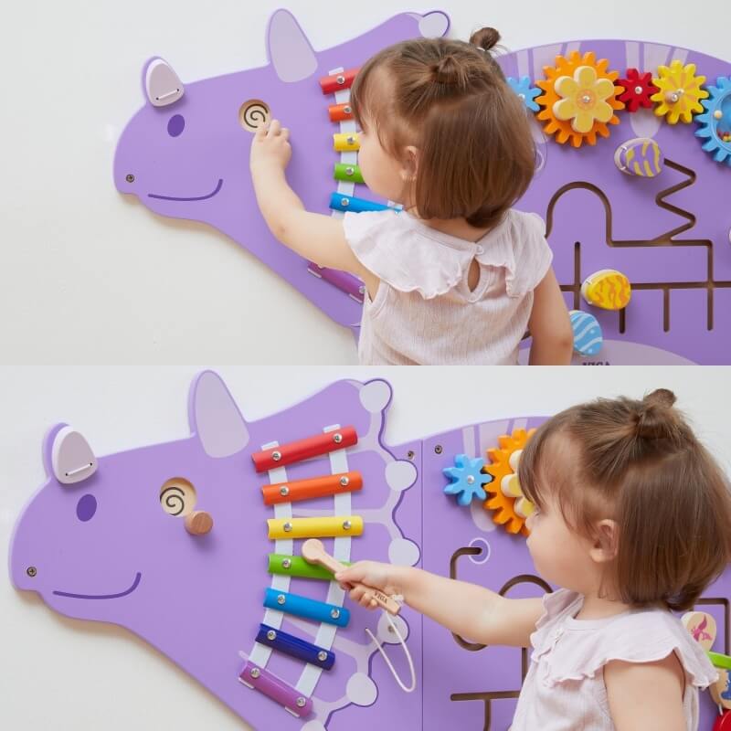 Viga Toys Medinė Triceratopso Sieninė Veiklos Lenta Vaikams Montessori Veiklos Lentos