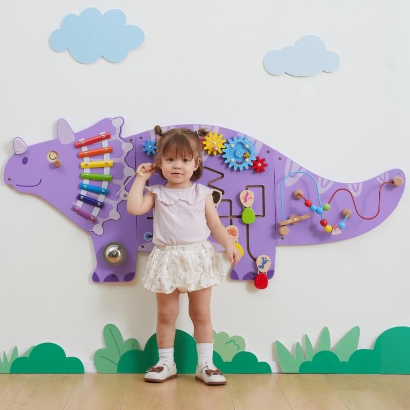 Viga Toys Medinė Triceratopso Sieninė Veiklos Lenta Vaikams Montessori Veiklos Lentos