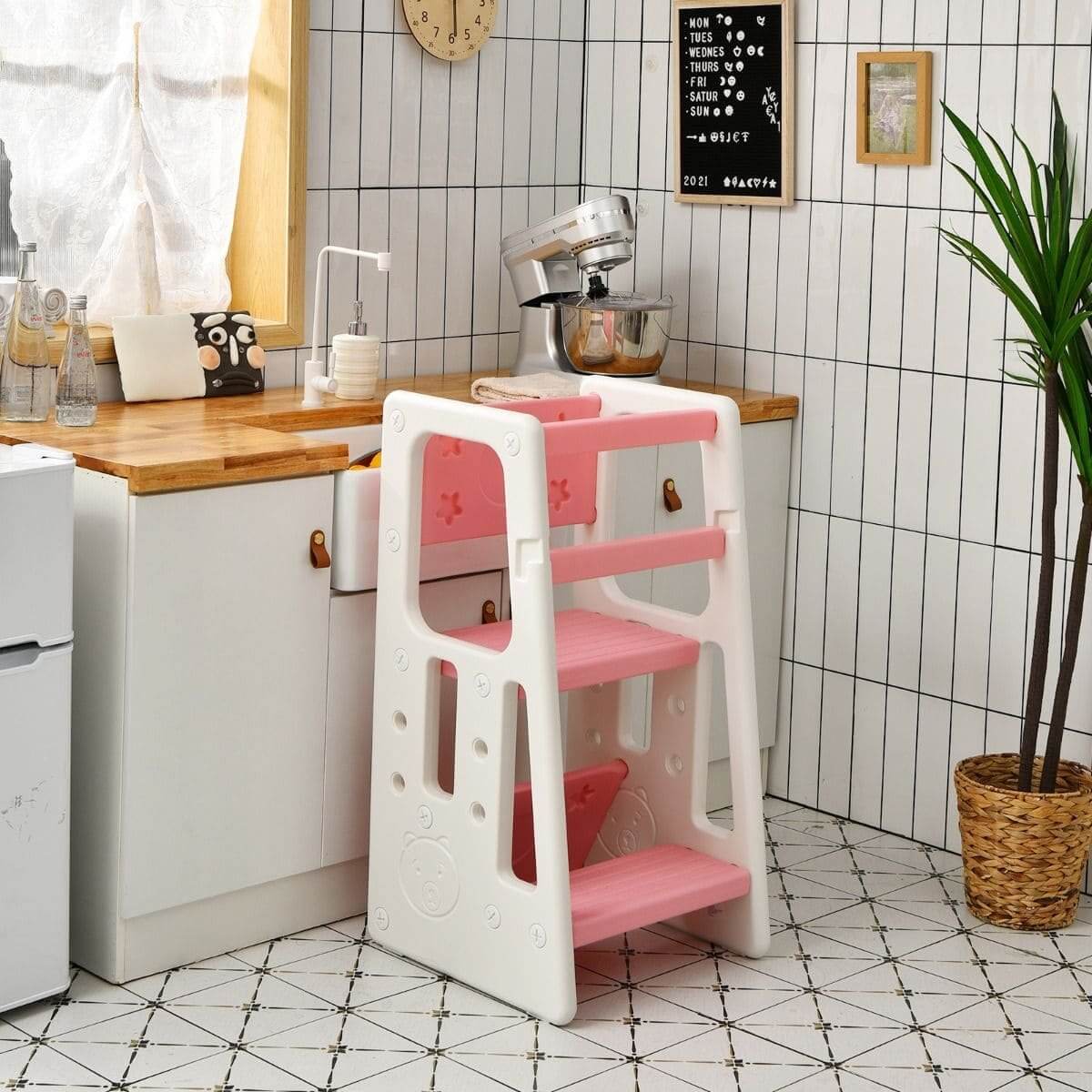Virtuvės Pagalbininkas Reguliuojama Mažylių Platforma Kopėčios Su Kėde Rožinė Montessori bokštelis