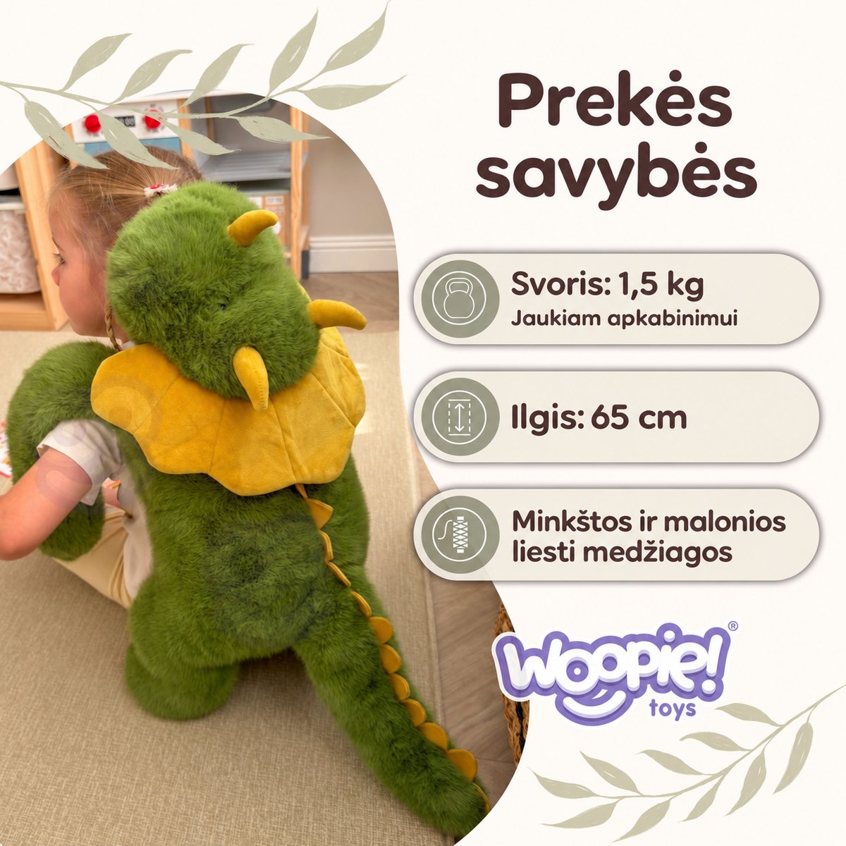 Woopie pliušinio žaislo savybės lietuviškai: 1,5 kg, 65 cm, minkštos medžiagos