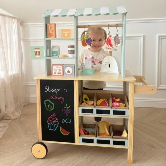 Woopie Green Medinė Maisto Prekių Parduotuvė Su 73 Priedais Vaikiškos Virtuvėlės