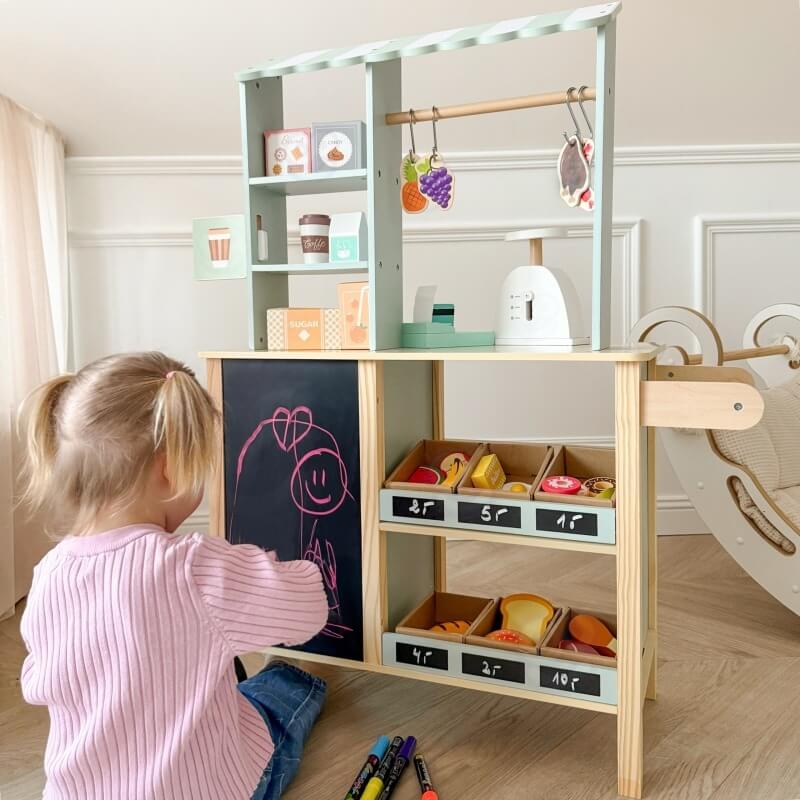 Woopie Green Medinė Maisto Prekių Parduotuvė Su 73 Priedais Vaikiškos Virtuvėlės
