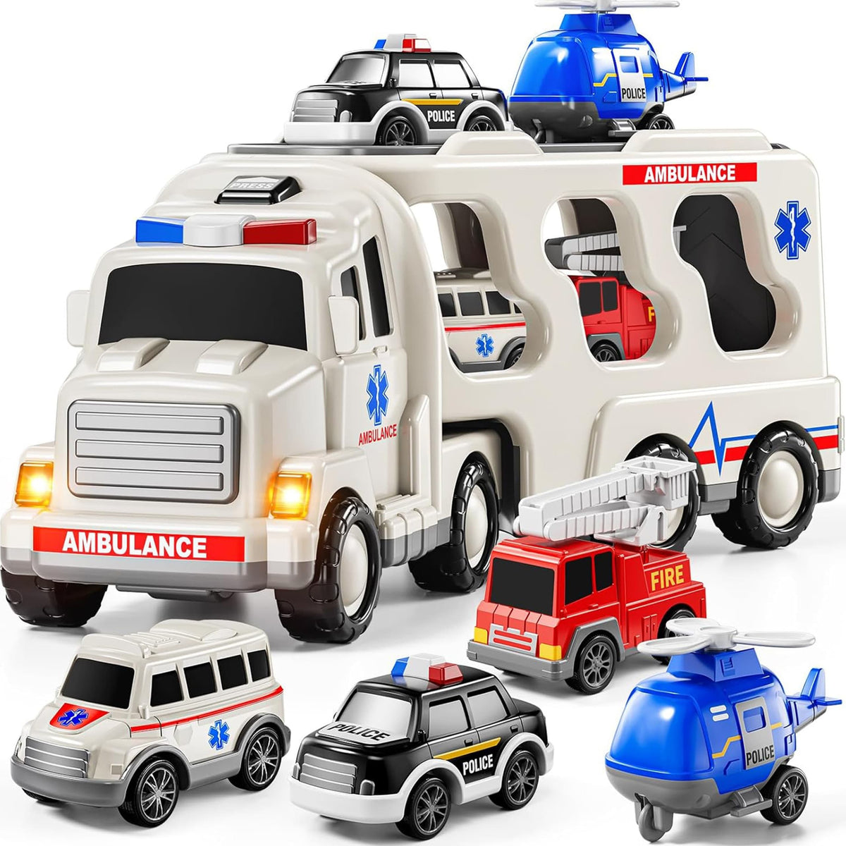 Woopie Greitosios Pagalbos Transporteris Su 4 Automobiliais Žaislinės transporto priemonės