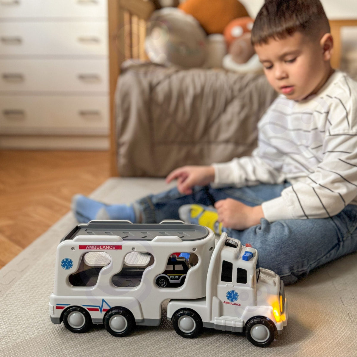 Woopie Greitosios Pagalbos Transporteris Su 4 Automobiliais Žaislinės transporto priemonės