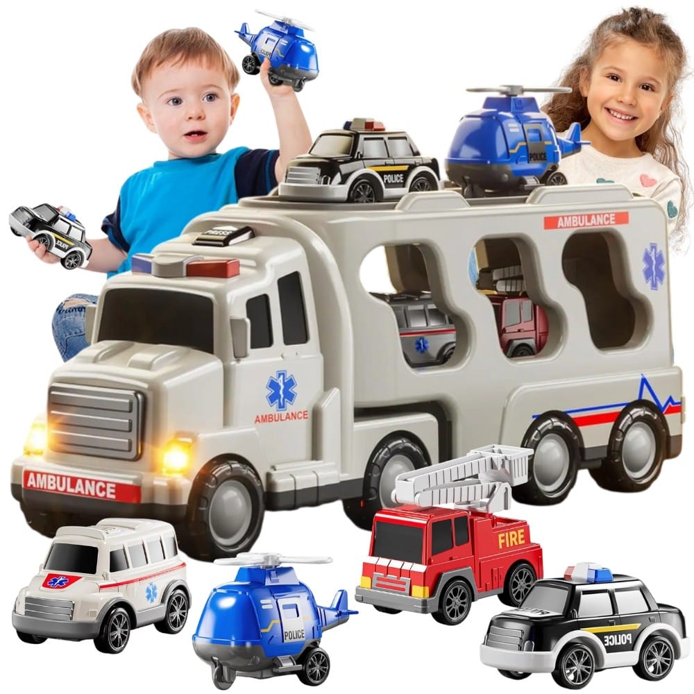 Woopie Greitosios Pagalbos Transporteris Su 4 Automobiliais Žaislinės transporto priemonės