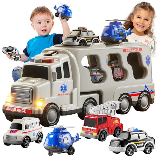 Woopie Greitosios Pagalbos Transporteris Su 4 Automobiliais Žaislinės transporto priemonės