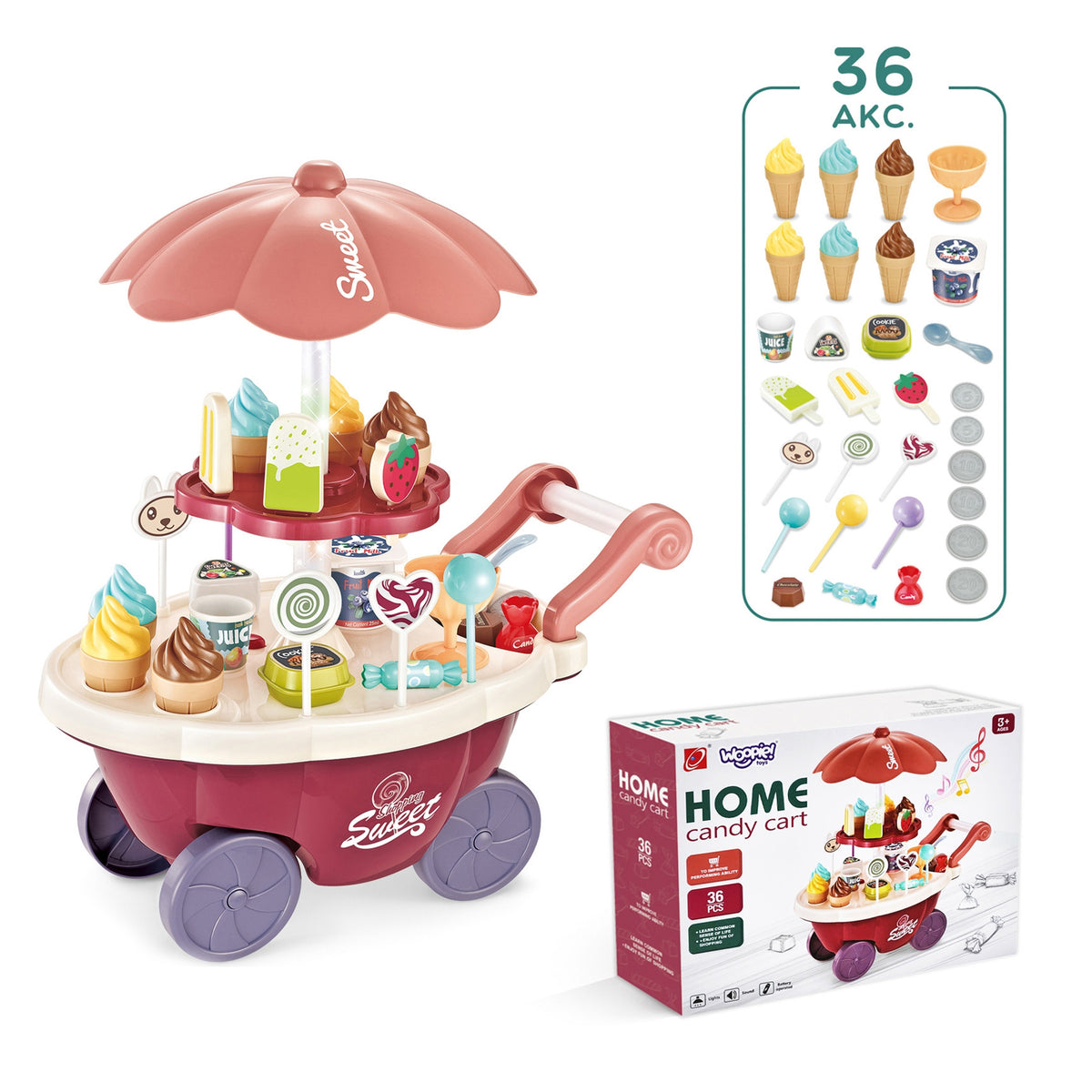 „Woopie“ ledų ir saldumynų vežimėlis su garsais, 36 priedai – produkto nuotrauka 10