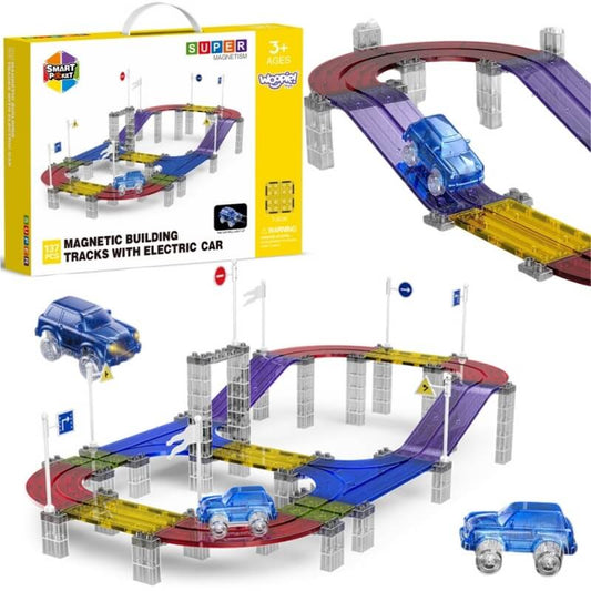 Woopie Magnetinė Lenktynių Trasa Su LED Automobiliu Vaikams 3+ 137 vnt Magnetiniai Žaislai