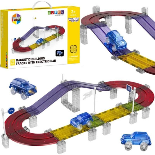 Woopie Magnetinė Lenktynių Trasa Su LED Automobiliu Vaikams 3+ 76 vnt. Magnetiniai Žaislai