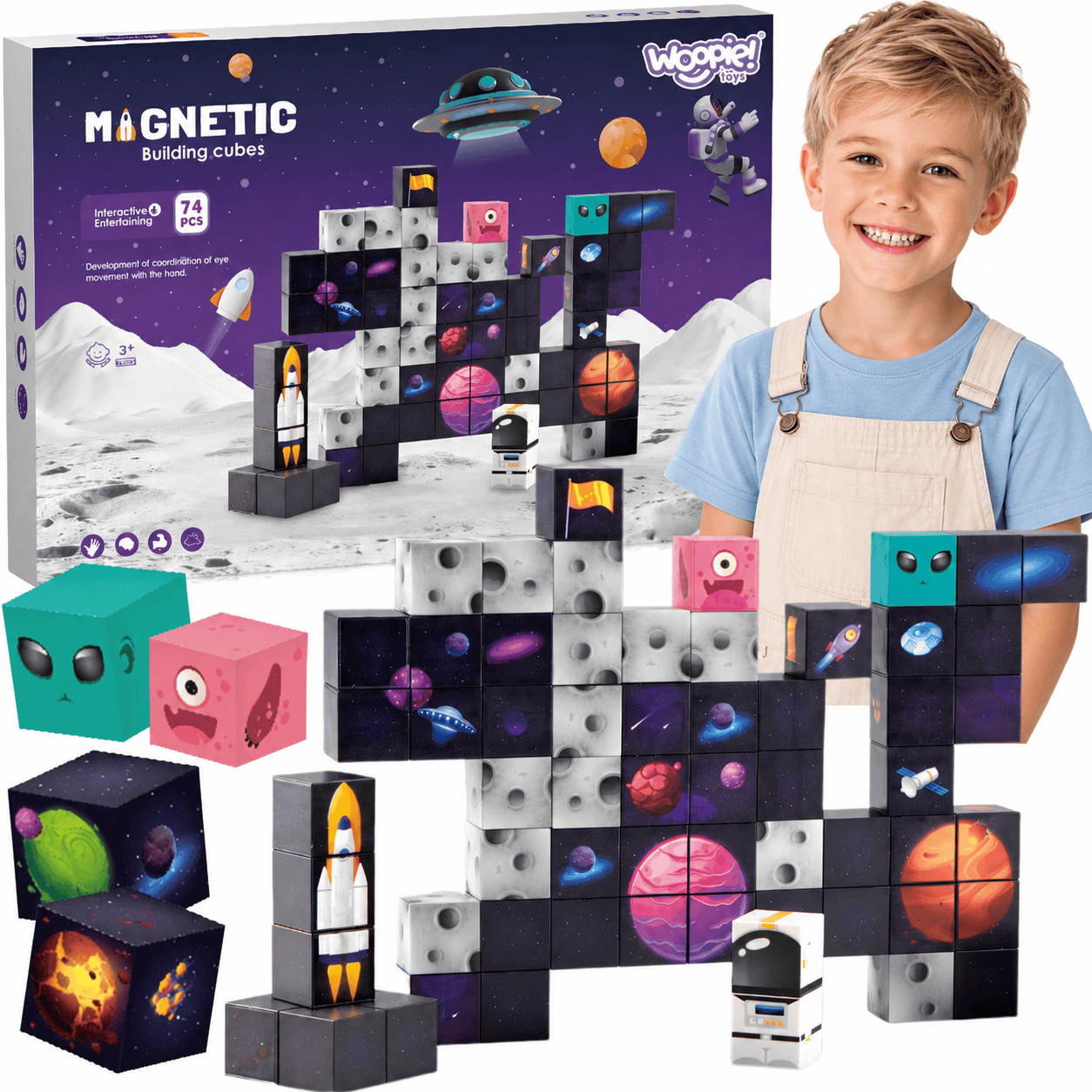 WOOPIE Magnetinės Konstrukcinės Kaladėlės „Kosmosas“, 74 Dalys Magnetiniai Žaislai