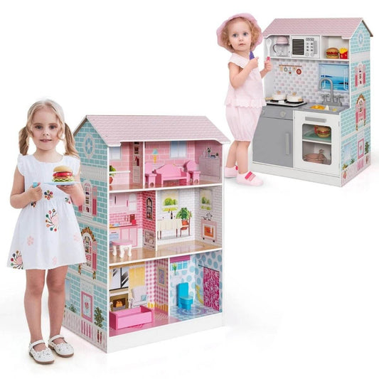 Žaislas Vaikams 2in1 Lėlių Namelis Ir Virtuvė Lėlių namelis, žaidimų rinkinys ir žaislinės figūrėlės