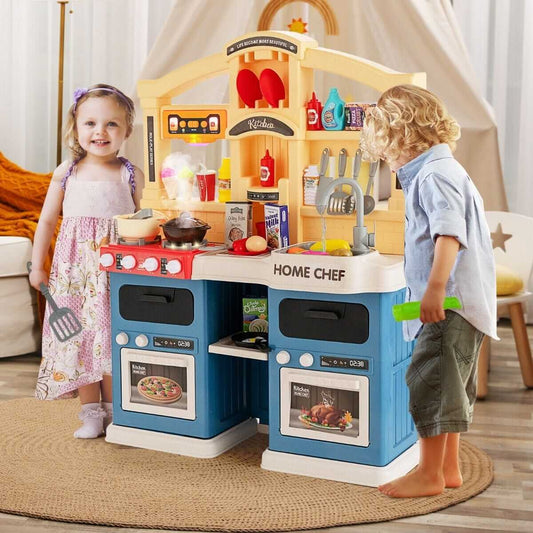 Žaislinė Vaikiška Virtuvėlė Su Garso Ir Švieos Efektais 69 Priedai Mėlyna Vaikiškos Virtuvėlės